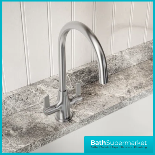 Bristan Echo Brushed Nickel Swan Neck Easyfit Twin Lever Kitchen Sink Mixer Tap