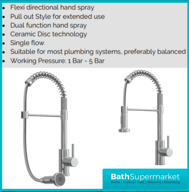Rural Contra Chrome Kitchen Sink Mixer Tap With Spring Pull Out Hose Spray Head