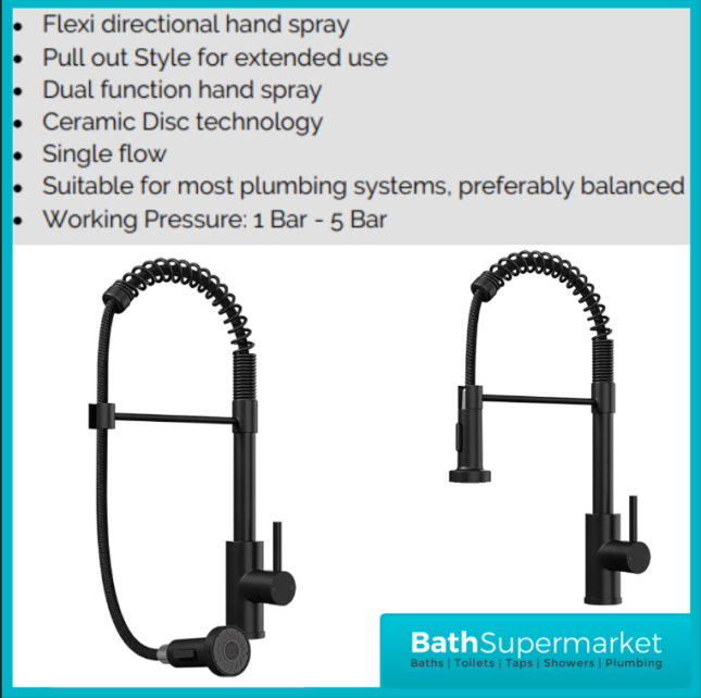 Rural Contra Matt Black Kitchen Sink Mixer Tap With Spring Pull Out Hose Spray Head