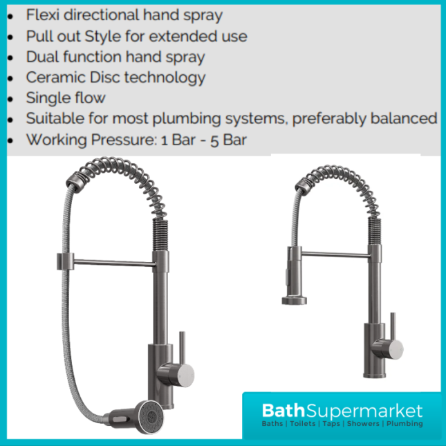 Rural Contra Brushed Steel Kitchen Sink Mixer Tap With Pull Out Hose Spray Head