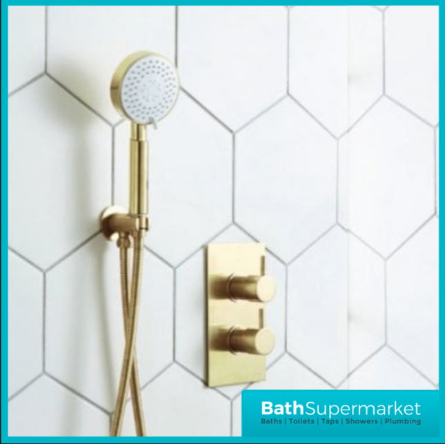 Kartell Ottone Brushed Brass Round Concealed Thermostatic Valve Handset Bracket Shower Kit