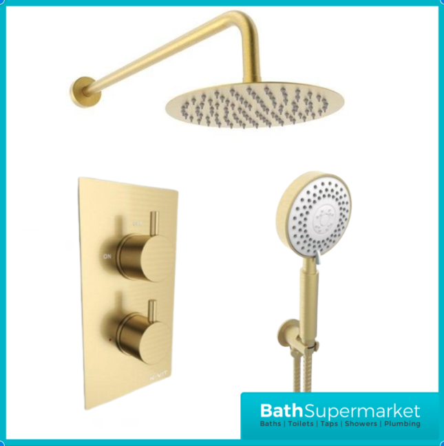 Aeris Brushed Brass Round Concealed Thermostatic Diverter Valve Handset Bracket Shower Kit