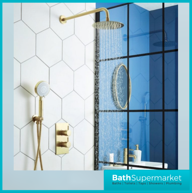 Aeris Brushed Brass Round Concealed Valve Wall Drencher Fixed Bracket Handset Shower Kit