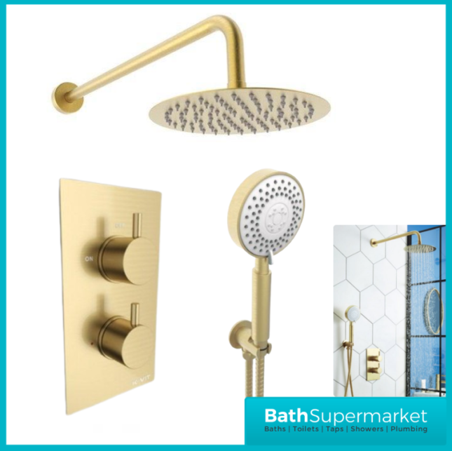 Aeris Brushed Brass Round Concealed Valve Wall Drencher Fixed Bracket Handset Shower Kit