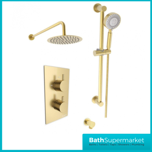 Aeris Brushed Brass Round Concealed Valve Wall Drencher Slide Rail Handset Shower Kit