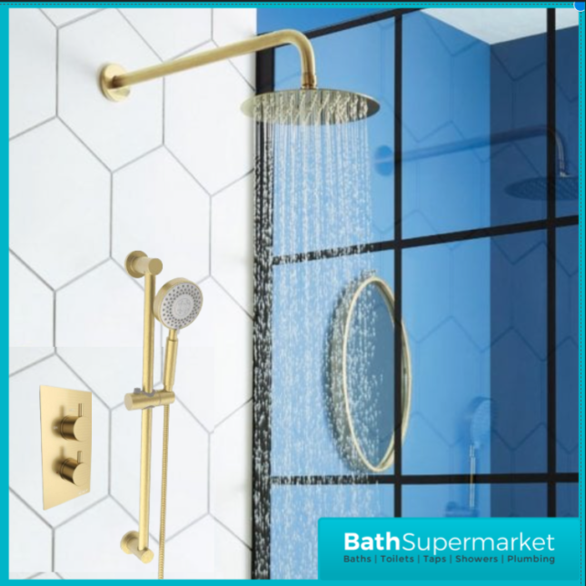 Aeris Brushed Brass Round Concealed Valve Wall Drencher Slide Rail Handset Shower Kit