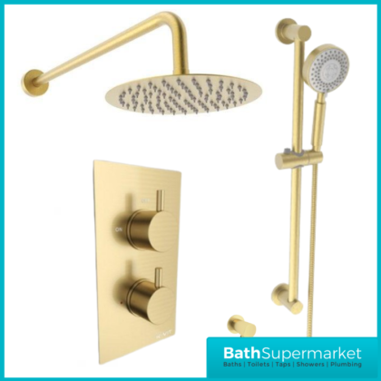 Aeris Brushed Brass Round Concealed Valve Wall Drencher Slide Rail Handset Shower Kit
