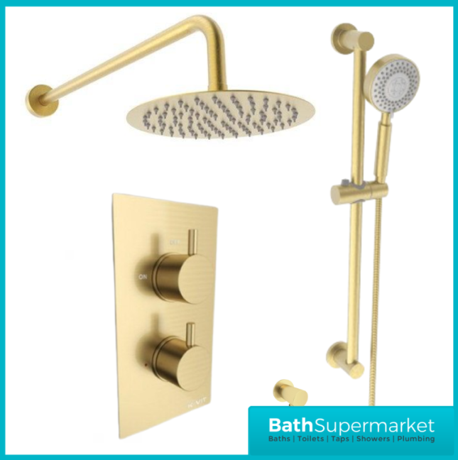 Aeris Brushed Brass Round Concealed Valve Wall Drencher Slide Rail Handset Shower Kit