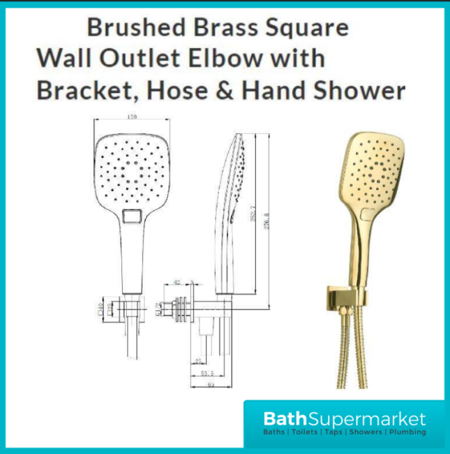 Tailored Brushed Brass Square Dual Concealed Valve Wall Drencher Fixed Bracket Handset Shower Kit