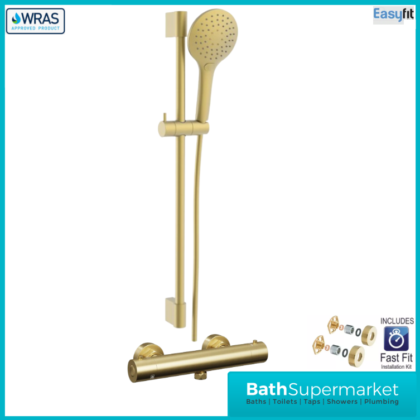 Tailored Brushed Brass Round Thermostatic Bar Valve 3 Mode Shower Handset Riser Rail Kit