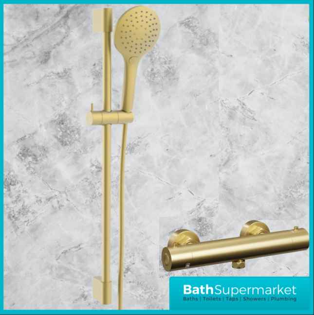 Tailored Brushed Brass Round Thermostatic Bar Valve 3 Mode Shower Handset Riser Rail Kit