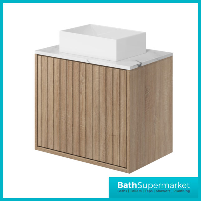 Orac Fluted Sonoma Oak Wall Hung Marble Worktop Bathroom Cabinet Drawer Unit 600mm & Counter Top Basin
