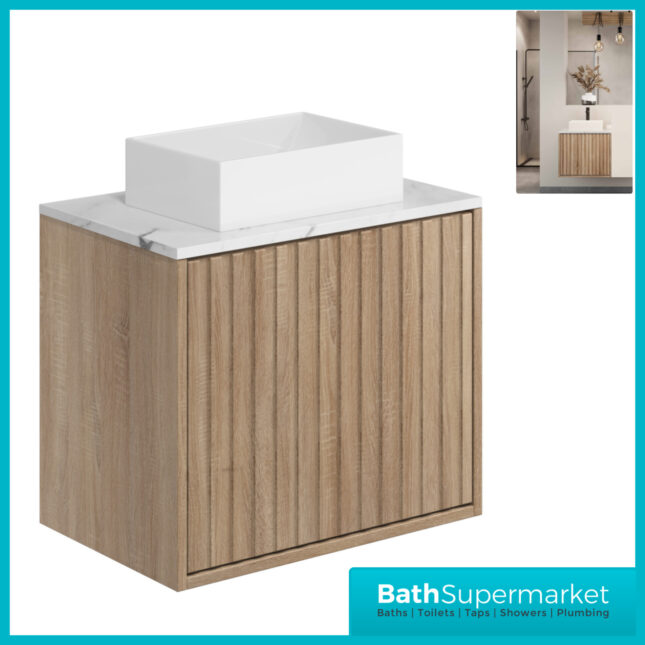 Orac Fluted Sonoma Oak Wall Hung Marble Worktop Bathroom Cabinet Drawer Unit 600mm & Counter Top Basin