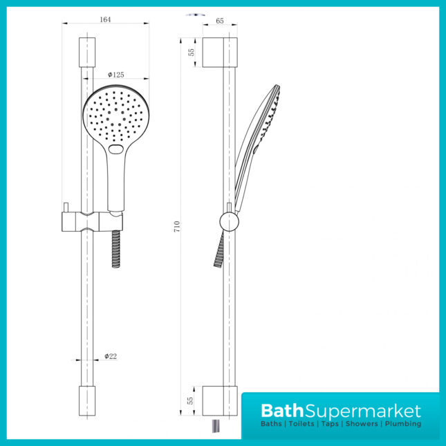 Tailored Premium Brushed Brass Round Adjustable Riser Rail 3 Mode Shower Handset Kit
