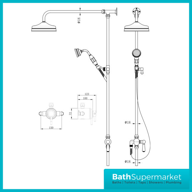 Tailored Traditional Black Overhead Thermostatic Exposed Valve Handset Mixer Shower