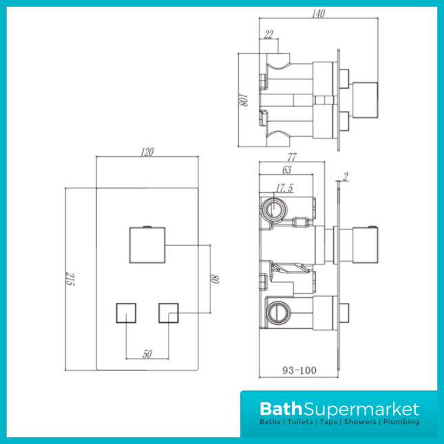 Tailored Chrome Square Twin Push Button Concealed Thermostatic Shower Valve