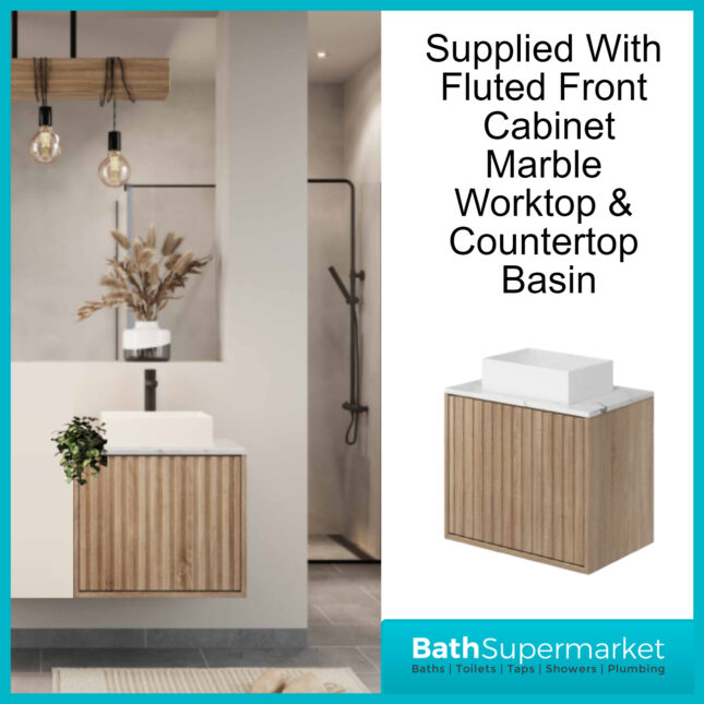 Orac Fluted Sonoma Oak Wall Hung Marble Worktop Bathroom Cabinet Drawer Unit 600mm & Counter Top Basin