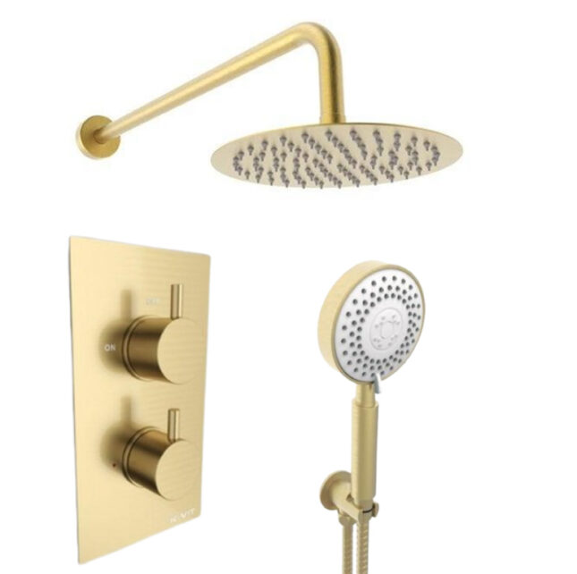 Aeris Brushed Brass Round Concealed Valve Wall Drencher Fixed Bracket Handset Shower Kit - Image 14