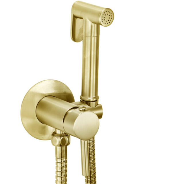 Sognare Brushed Brass Round Douche Shower Handset Flexi Hose Holder & Outlet Elbow Mixer Kit - Image 7