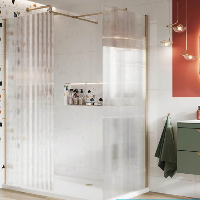 Sognare Brushed Brass Fluted 8mm Glass Shower Wetroom Screen Panel & Support Arm - Image 13