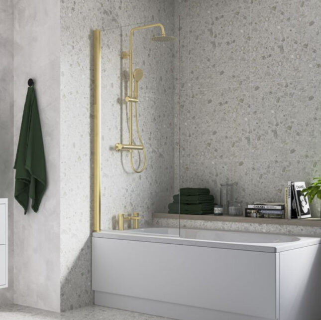 AquaVolere Square Brushed Brass Reversible 6mm Safety Glass Pivot Bath Screen 1400mm - Image 8