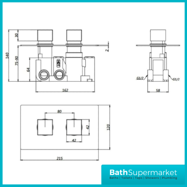 Nero Square Matt Black Concealed Thermostatic Shower Valve-2 Way