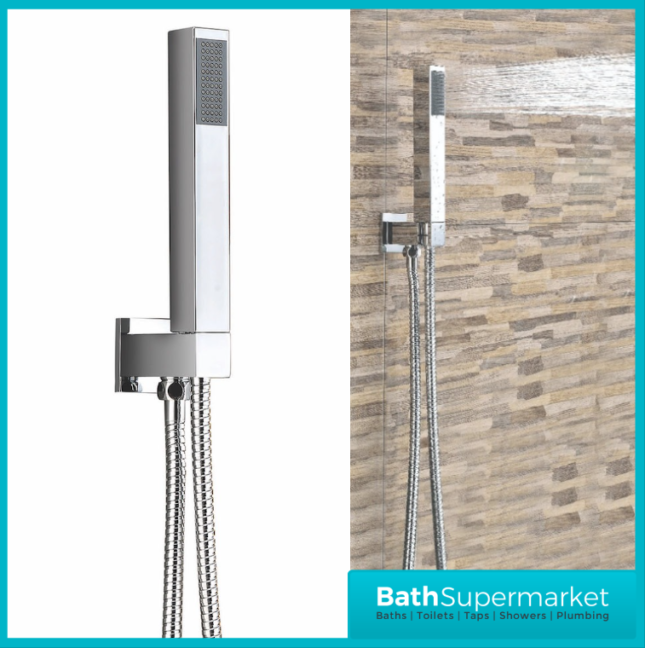 Chrome Square Wall Arm Outlet Bracket Holder With Hose & Shower Head