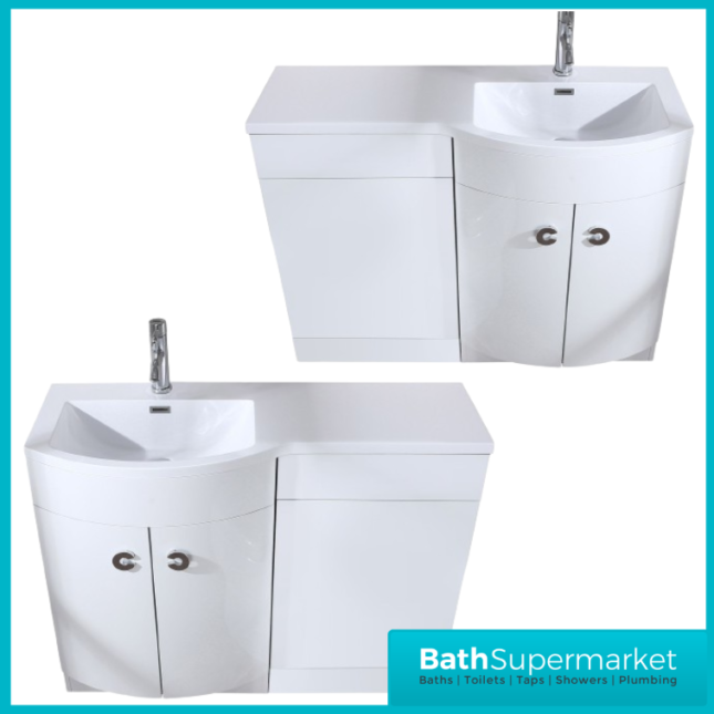 Curved D Shape White Gloss Bathroom Vanity Basin Unit 1100mm - Right & Left Handed - Image 4