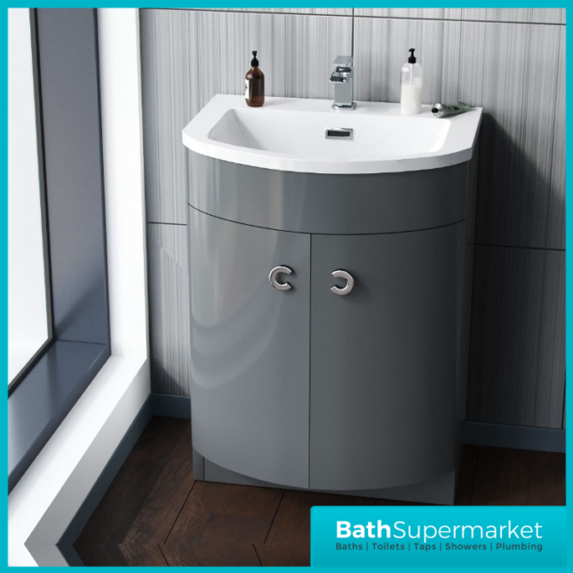 Curved Door Dark Grey Gloss Floorstanding Bathroom Vanity Basin Storage Unit 600mm