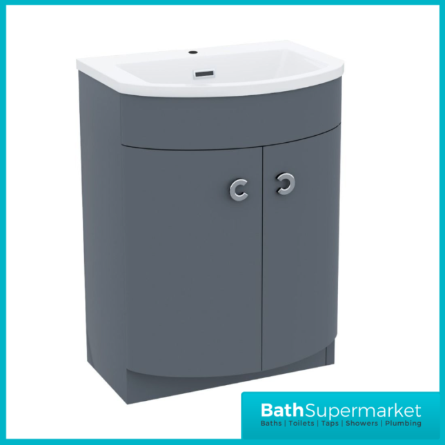 Curved Door Dark Grey Gloss Floorstanding Bathroom Vanity Basin Storage Unit 600mm