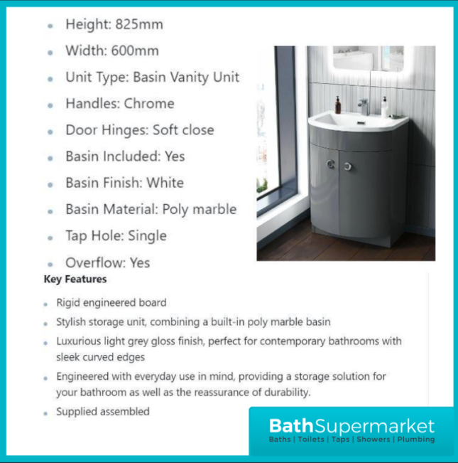 Curved Door Dark Grey Gloss Floorstanding Bathroom Vanity Basin Storage Unit 600mm