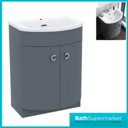 Curved Door Dark Grey Gloss Floorstanding Bathroom Vanity Basin Storage Unit 600mm