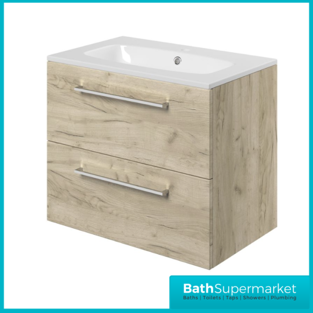 AquaVolere Viola Oak Wall Hung 2 Drawer Vanity Unit & Basin 610mm