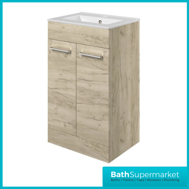 AquaVolere Viola Oak Floor Standing 2 Door Cabinet Basin Unit & Basin 510mm