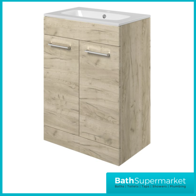 AquaVolere Viola Oak Floor Standing 2 Door Vanity Basin Unit & Basin 610mm
