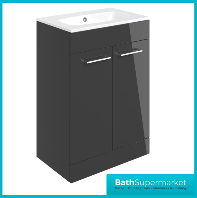 AquaVolere Anthracite Gloss Floor Standing 2 Door Vanity Unit & Basin 610mm