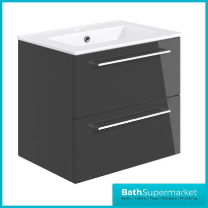 AquaVolere Viola Anthracite Gloss Wall Hung 2 Drawer Vanity Unit 610mm & Basin