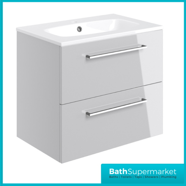 AquaVolere Viola Grey Gloss Wall Hung 2 Drawer Vanity Unit & Basin 610mm