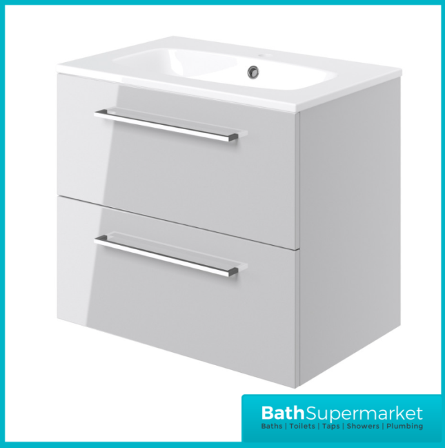 AquaVolere Viola Grey Gloss Wall Hung 2 Drawer Vanity Unit & Basin 610mm