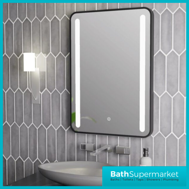 AquaVolere Avant Black Rounded Touch Sensor Front-Lit LED Demister Mirror - 500x700mm