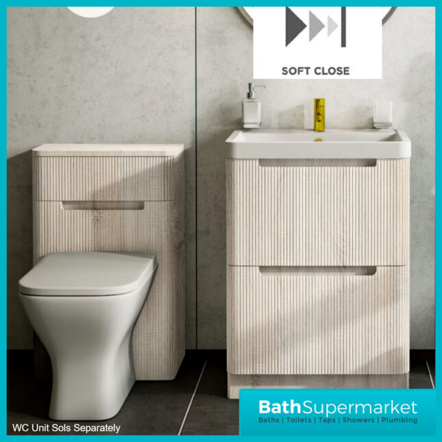 Fluted Sonoma Oak Floor Standing Handless Bathroom Vanity Basin Unit 600mm