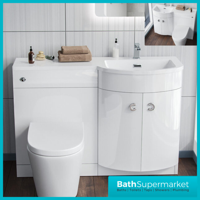 Curved D Shape White Gloss Bathroom Vanity Basin Unit 1100mm - Right & Left Handed