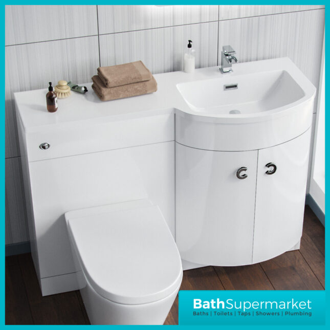 Curved D Shape White Gloss Bathroom Vanity Basin Unit 1100mm - Right & Left Handed