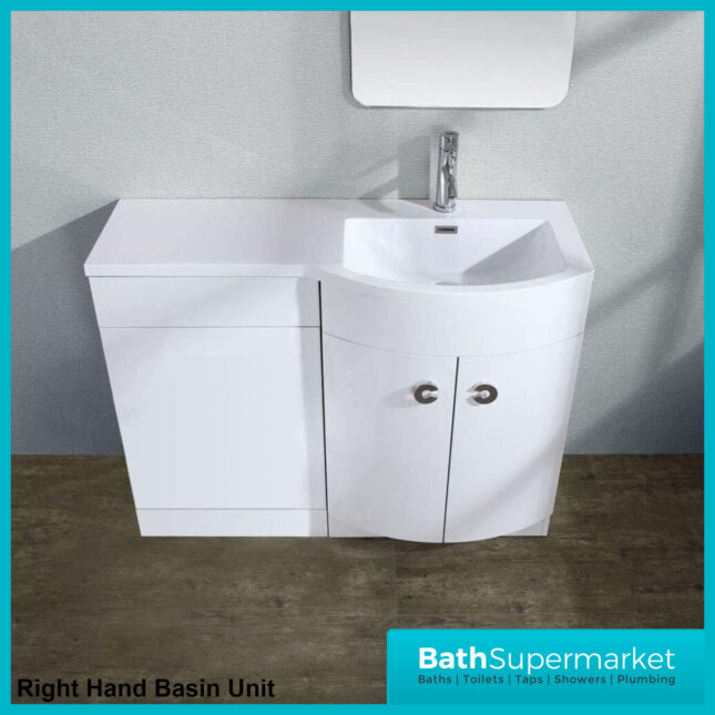 Curved D Shape White Gloss Bathroom Vanity Basin Unit 1100mm - Right & Left Handed