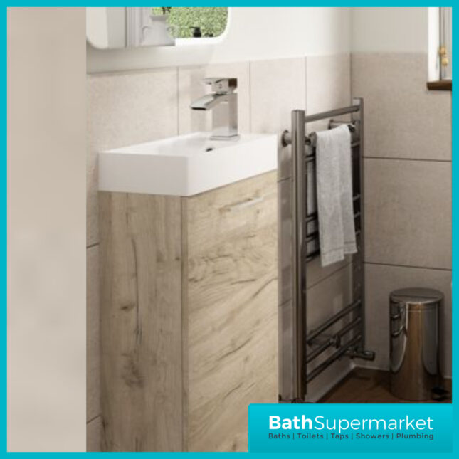 AquaVolere Viola Oak Floor Standing 1 Door Cloakroom Unit & Basin 410mm