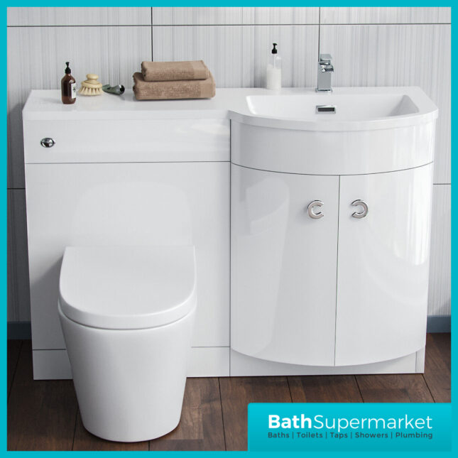 Curved D Shape White Gloss Bathroom Vanity Basin Unit 1100mm - Right & Left Handed