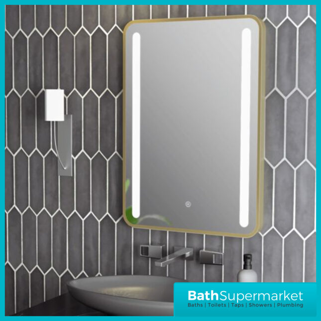AquaVolere Avant Brushed Brass Rounded Touch Sensor Front-Lit LED Demister Mirror – 500x700mm