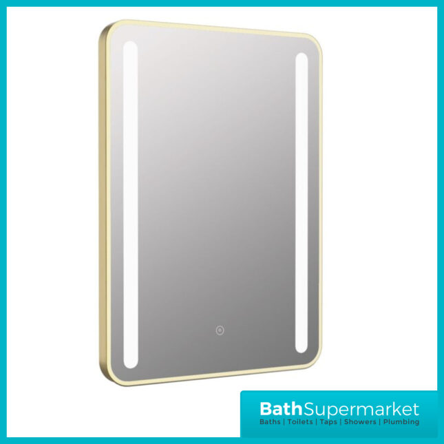AquaVolere Avant Brushed Brass Rounded Touch Sensor Front-Lit LED Demister Mirror – 500x700mm