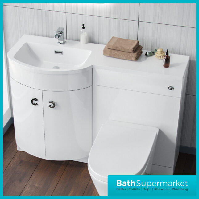 Curved D Shape White Gloss Bathroom Vanity Basin Unit 1100mm - Right & Left Handed