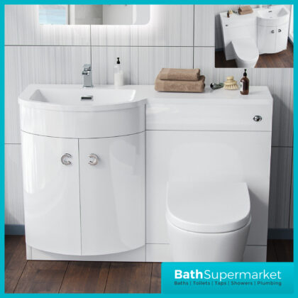 Curved D Shape White Gloss Bathroom Vanity Basin Unit 1100mm - Right & Left Handed